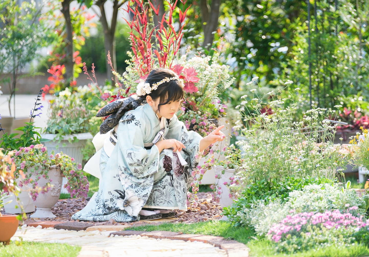 七五三 女の子 着物 ペタルガーデンでお花を眺める撮影