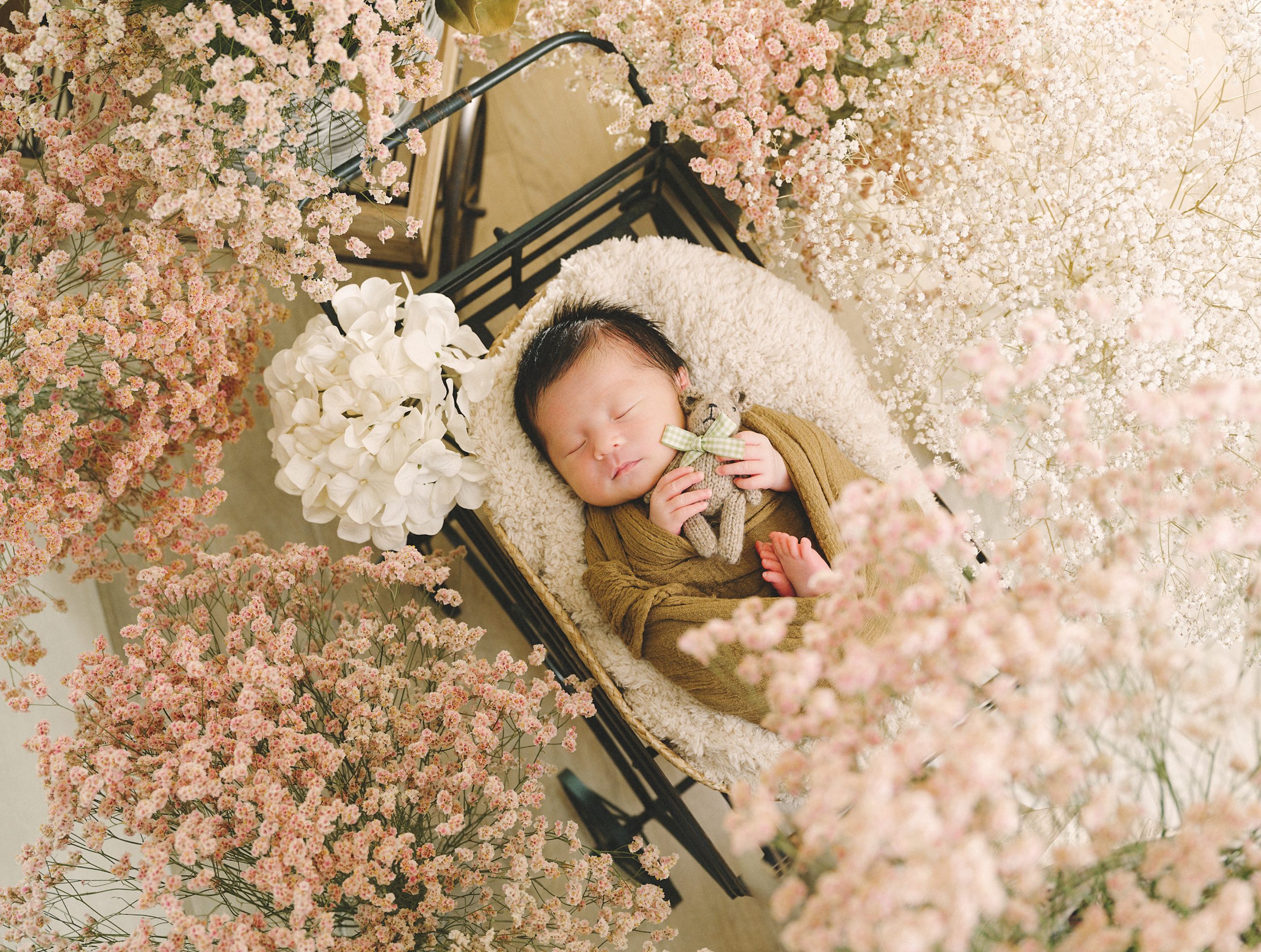 淡いピンクの花に囲まれ、くまのぬいぐるみと眠る赤ちゃん