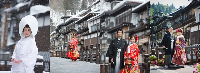 銀山温泉の結婚写真・撮影シーンのコラージュ